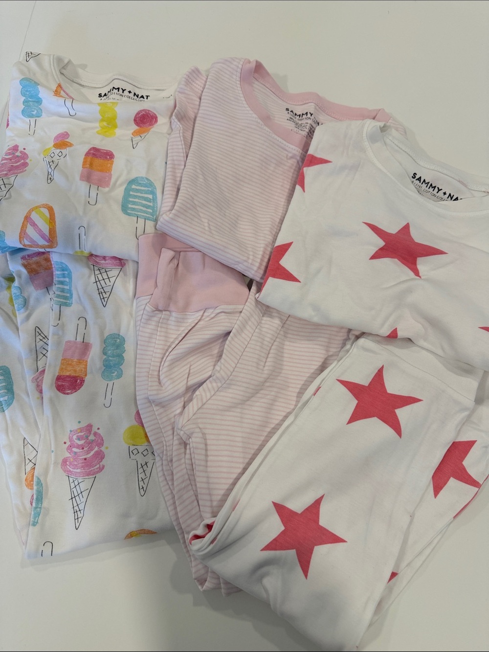 Sammy + Nat Girls' White & Pink Ice Cream, Stripes & Star 3-Pack Pajamas
